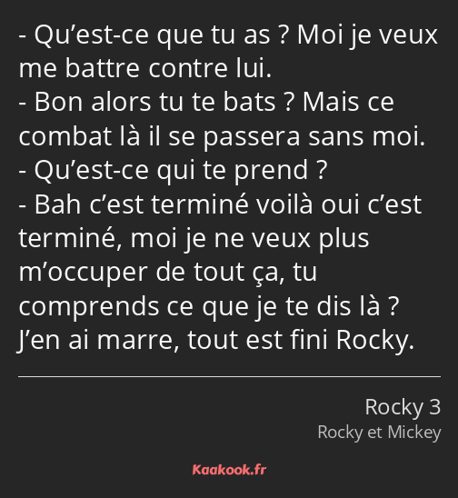 Qu’est-ce que tu as ? Moi je veux me battre contre lui. Bon alors tu te bats ? Mais ce combat là il…