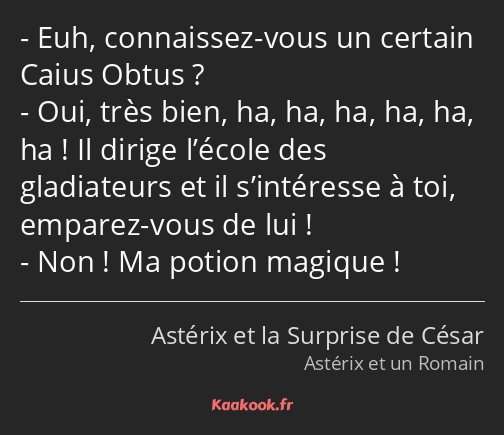 Euh, connaissez-vous un certain Caius Obtus ? Oui, très bien, ha, ha, ha, ha, ha, ha ! Il dirige…