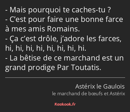 Mais pourquoi te caches-tu ? C’est pour faire une bonne farce à mes amis Romains. Ça c’est drôle…
