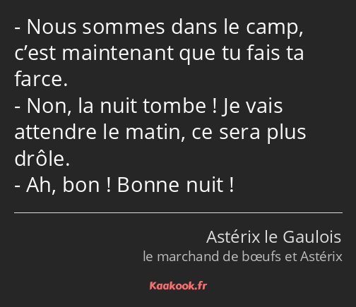 Nous sommes dans le camp, c’est maintenant que tu fais ta farce. Non, la nuit tombe ! Je vais…