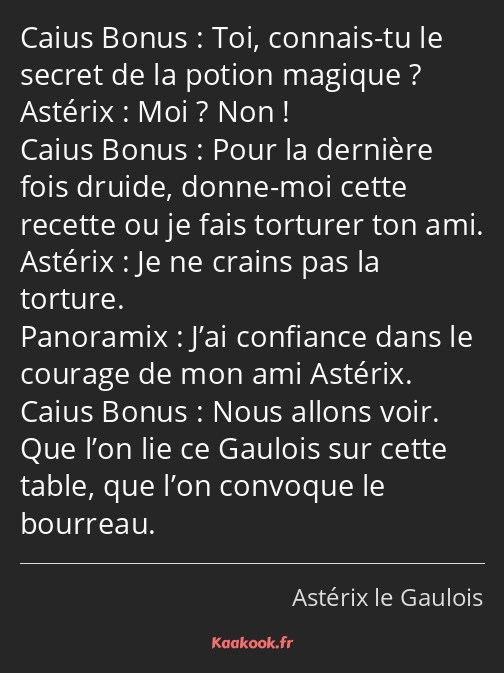 Toi, connais-tu le secret de la potion magique ? Moi ? Non ! Pour la dernière fois druide, donne…