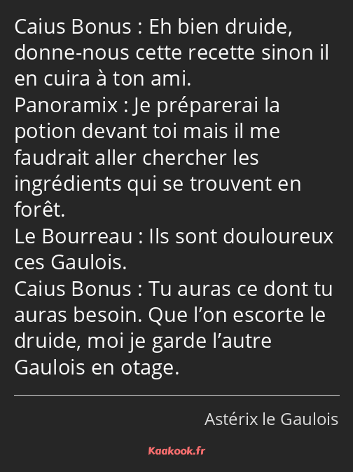Eh bien druide, donne-nous cette recette sinon il en cuira à ton ami. Je préparerai la potion…