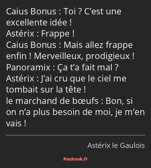 Toi ? C’est une excellente idée ! Frappe ! Mais allez frappe enfin ! Merveilleux, prodigieux ! Ça…
