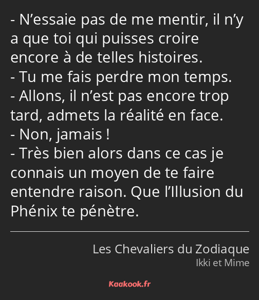 N’essaie pas de me mentir, il n’y a que toi qui puisses croire encore à de telles histoires. Tu me…
