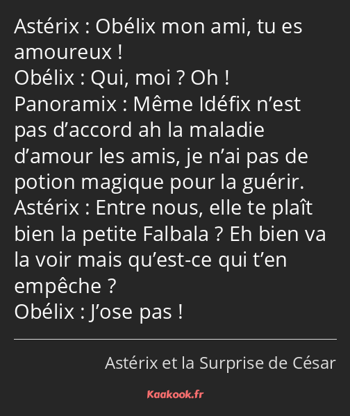 Obélix mon ami, tu es amoureux ! Qui, moi ? Oh ! Même Idéfix n’est pas d’accord ah la maladie…