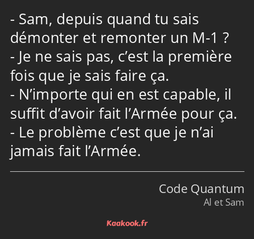 Sam, depuis quand tu sais démonter et remonter un M-1 ? Je ne sais pas, c’est la première fois que…
