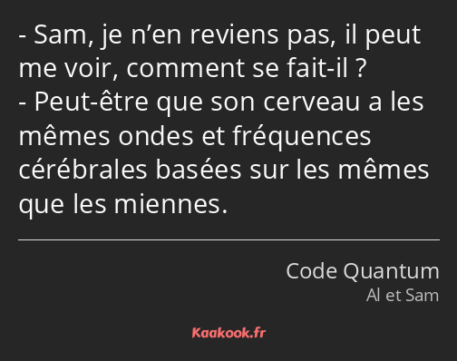 Sam, je n’en reviens pas, il peut me voir, comment se fait-il ? Peut-être que son cerveau a les…