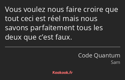 Vous voulez nous faire croire que tout ceci est réel mais nous savons parfaitement tous les deux…