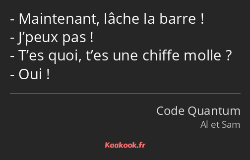 Maintenant, lâche la barre ! J’peux pas ! T’es quoi, t’es une chiffe molle ? Oui !
