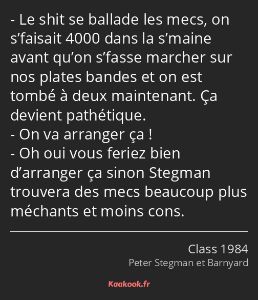 Le shit se ballade les mecs, on s’faisait 4000 dans la s’maine avant qu’on s’fasse marcher sur nos…