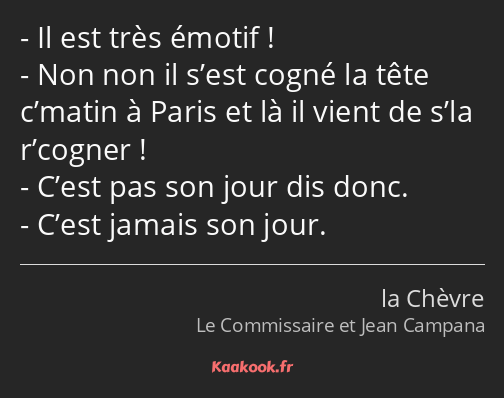 Il est très émotif ! Non non il s’est cogné la tête c’matin à Paris et là il vient de s’la r’cogner…