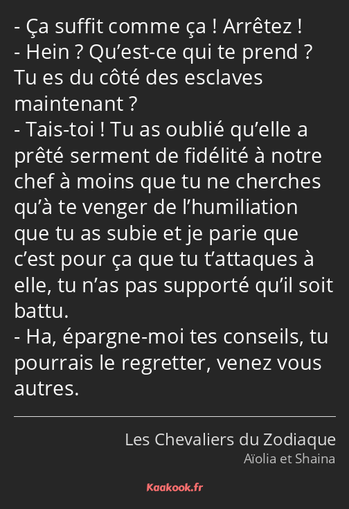 Ça suffit comme ça ! Arrêtez ! Hein ? Qu’est-ce qui te prend ? Tu es du côté des esclaves…