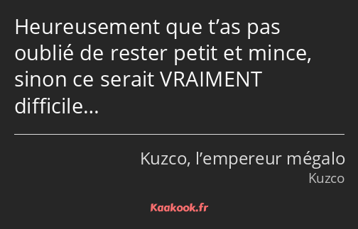 Heureusement que t’as pas oublié de rester petit et mince, sinon ce serait VRAIMENT difficile…