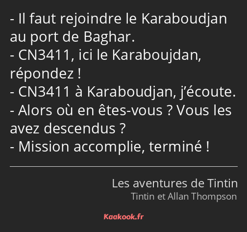 Il faut rejoindre le Karaboudjan au port de Baghar. CN3411, ici le Karaboujdan, répondez ! CN3411 à…