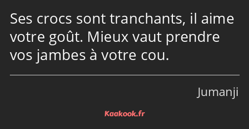 Ses crocs sont tranchants, il aime votre goût. Mieux vaut prendre vos jambes à votre cou.