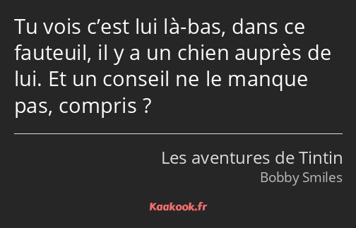 Tu vois c’est lui là-bas, dans ce fauteuil, il y a un chien auprès de lui. Et un conseil ne le…