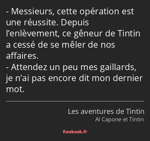 Messieurs, cette opération est une réussite. Depuis l’enlèvement, ce gêneur de Tintin a cessé de se…
