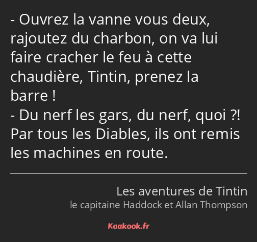 Ouvrez la vanne vous deux, rajoutez du charbon, on va lui faire cracher le feu à cette chaudière…