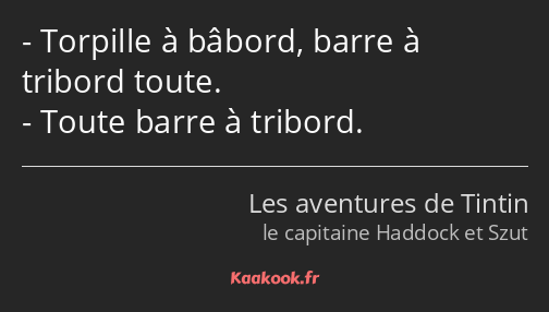 Torpille à bâbord, barre à tribord toute. Toute barre à tribord.