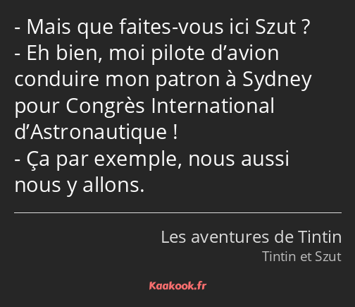Mais que faites-vous ici Szut ? Eh bien, moi pilote d’avion conduire mon patron à Sydney pour…
