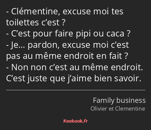 Clémentine, excuse moi tes toilettes c’est ? C’est pour faire pipi ou caca ? Je… pardon, excuse moi…