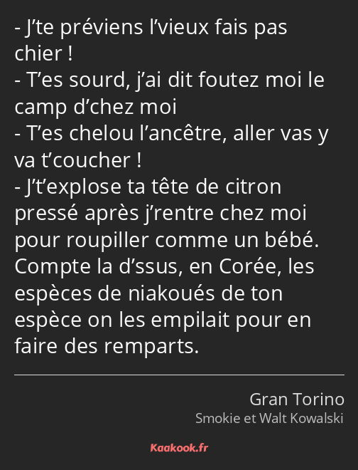 J’te préviens l’vieux fais pas chier ! T’es sourd, j’ai dit foutez moi le camp d’chez moi T’es…