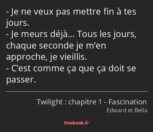 Je ne veux pas mettre fin à tes jours. Je meurs déjà… Tous les jours, chaque seconde je m’en…