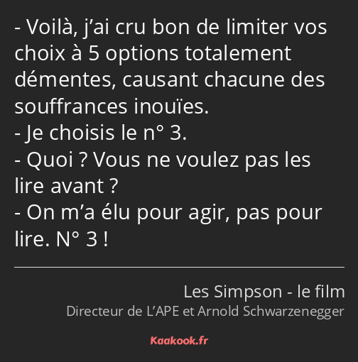 Voilà, j’ai cru bon de limiter vos choix à 5 options totalement démentes, causant chacune des…