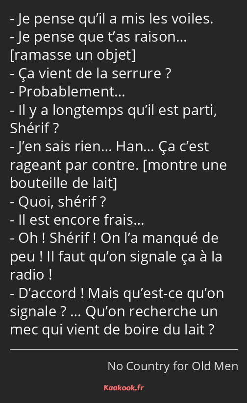 Je pense qu’il a mis les voiles. Je pense que t’as raison… Ça vient de la serrure ? Probablement……