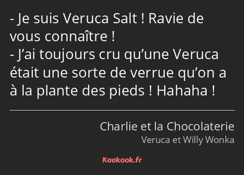 Je suis Veruca Salt ! Ravie de vous connaître ! J’ai toujours cru qu’une Veruca était une sorte de…