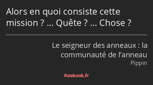 Alors en quoi consiste cette mission ? … Quête ? … Chose ?