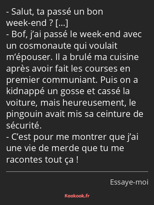 Salut, ta passé un bon week-end ? Bof, j’ai passé le week-end avec un cosmonaute qui voulait…