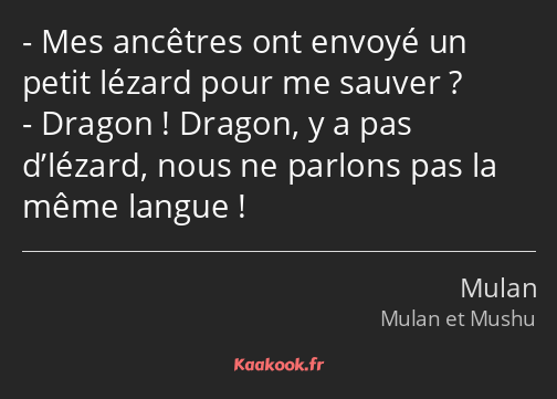 Mes ancêtres ont envoyé un petit lézard pour me sauver ? Dragon ! Dragon, y a pas d’lézard, nous ne…