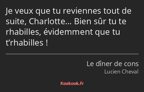 Je veux que tu reviennes tout de suite, Charlotte… Bien sûr tu te rhabilles, évidemment que tu…