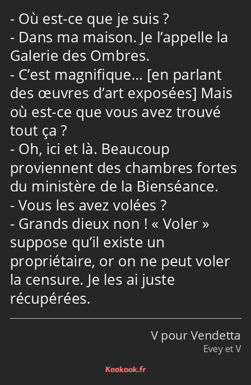 Où est-ce que je suis ? Dans ma maison. Je l’appelle la Galerie des Ombres. C’est magnifique… Mais…