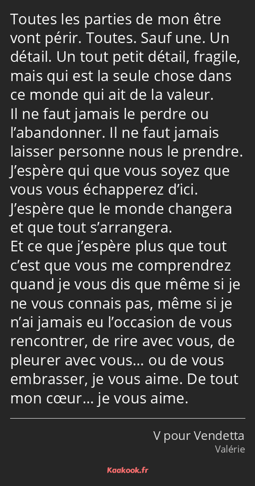 Toutes les parties de mon être vont périr. Toutes. Sauf une. Un détail. Un tout petit détail…