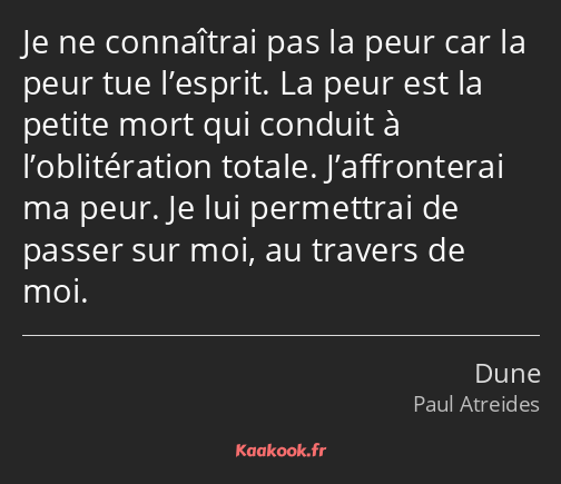 Je ne connaîtrai pas la peur car la peur tue l’esprit. La peur est la petite mort qui conduit à…