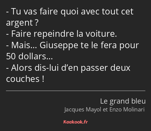 Tu vas faire quoi avec tout cet argent ? Faire repeindre la voiture. Mais… Giuseppe te le fera pour…