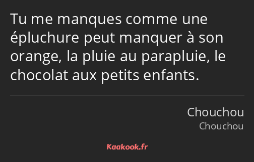 Tu me manques comme une épluchure peut manquer à son orange, la pluie au parapluie, le chocolat aux…