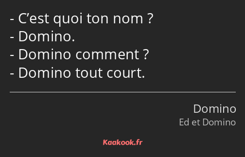 C’est quoi ton nom ? Domino. Domino comment ? Domino tout court.