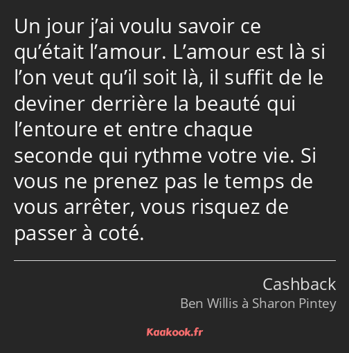 Un jour j’ai voulu savoir ce qu’était l’amour. L’amour est là si l’on veut qu’il soit là, il suffit…