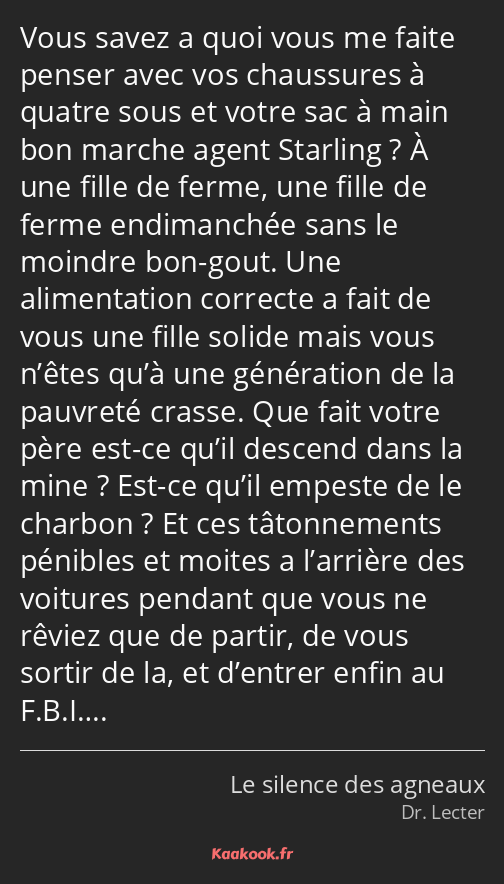 Vous savez a quoi vous me faite penser avec vos chaussures à quatre sous et votre sac à main bon…