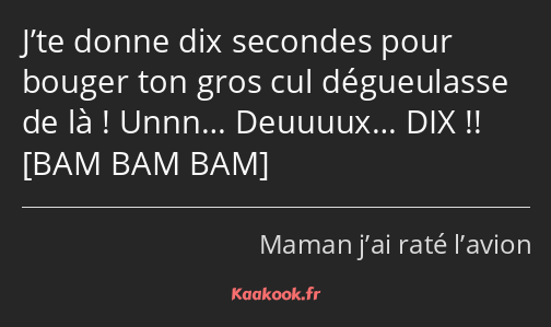 J’te donne dix secondes pour bouger ton gros cul dégueulasse de là ! Unnn… Deuuuux… DIX !! 