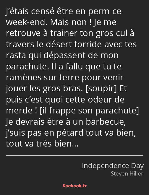 J’étais censé être en perm ce week-end. Mais non ! Je me retrouve à trainer ton gros cul à travers…