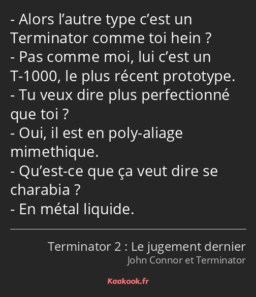 Alors l’autre type c’est un Terminator comme toi hein ? Pas comme moi, lui c’est un T-1000, le plus…