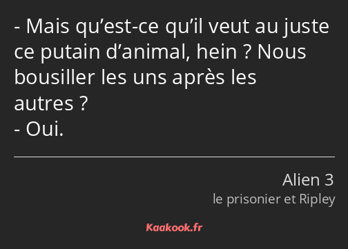 Mais qu’est-ce qu’il veut au juste ce putain d’animal, hein ? Nous bousiller les uns après les…