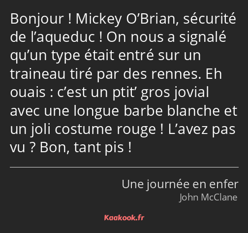 Bonjour ! Mickey O’Brian, sécurité de l’aqueduc ! On nous a signalé qu’un type était entré sur un…