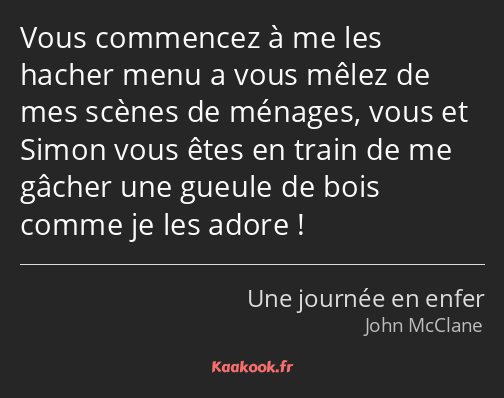 Vous commencez à me les hacher menu a vous mêlez de mes scènes de ménages, vous et Simon vous êtes…