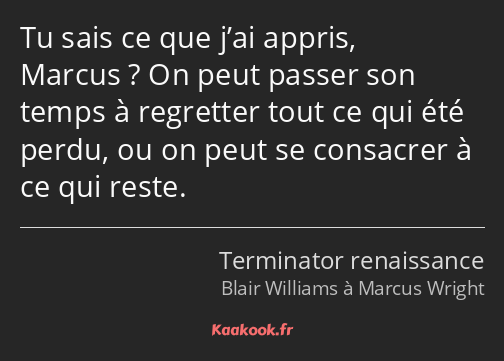 Tu sais ce que j’ai appris, Marcus ? On peut passer son temps à regretter tout ce qui été perdu, ou…