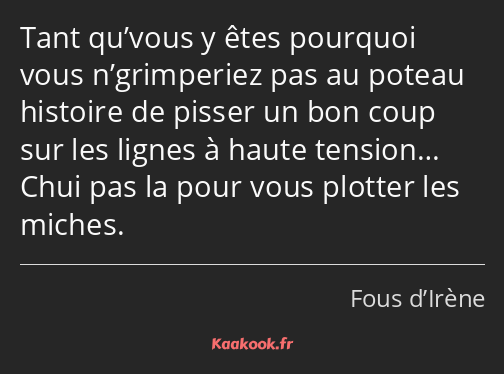 Tant qu’vous y êtes pourquoi vous n’grimperiez pas au poteau histoire de pisser un bon coup sur les…